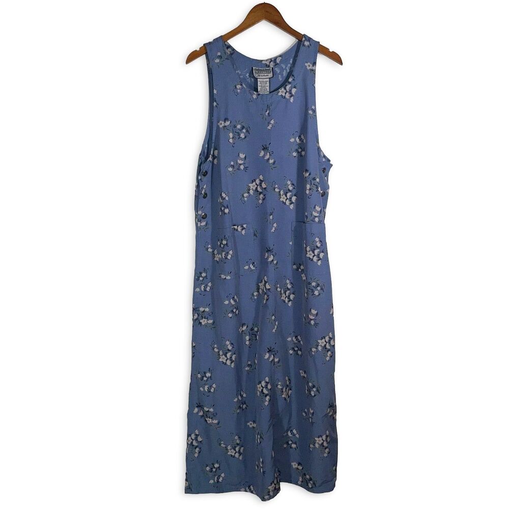 Blue Floral Pinafore Dress Button Side Overall Directives L Cottagecore Prairie